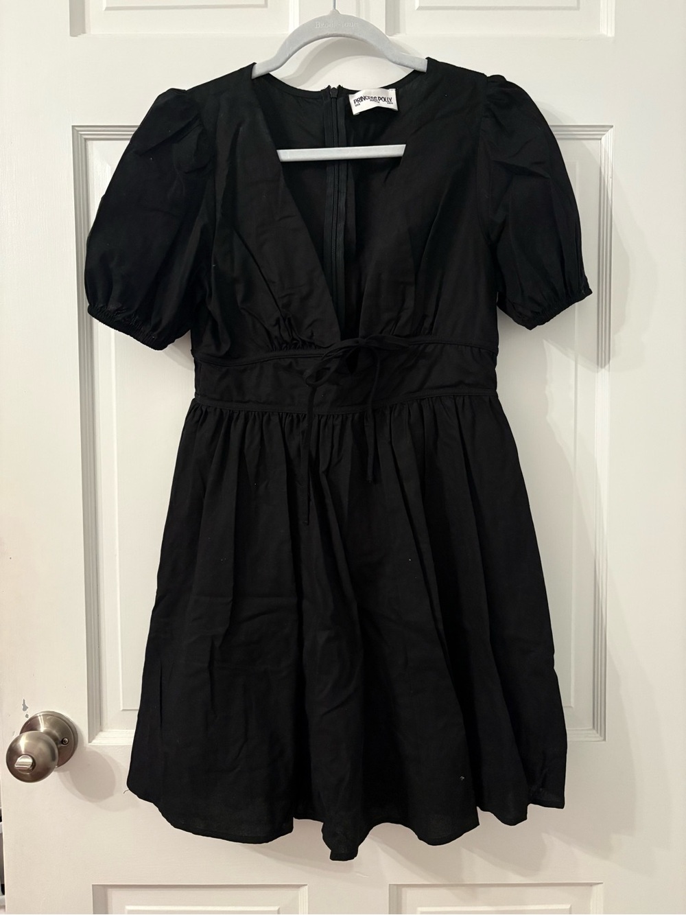 Princess polly black tie front, puff sleeve mini dress- NEVER WORN